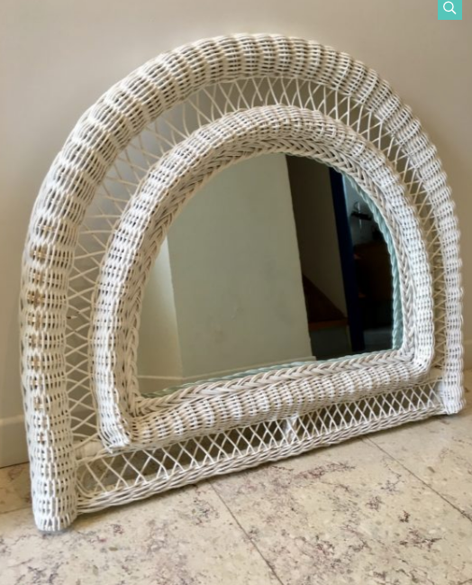 Vintage rattan mirror half moon white
