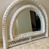 Vintage rattan mirror half moon white