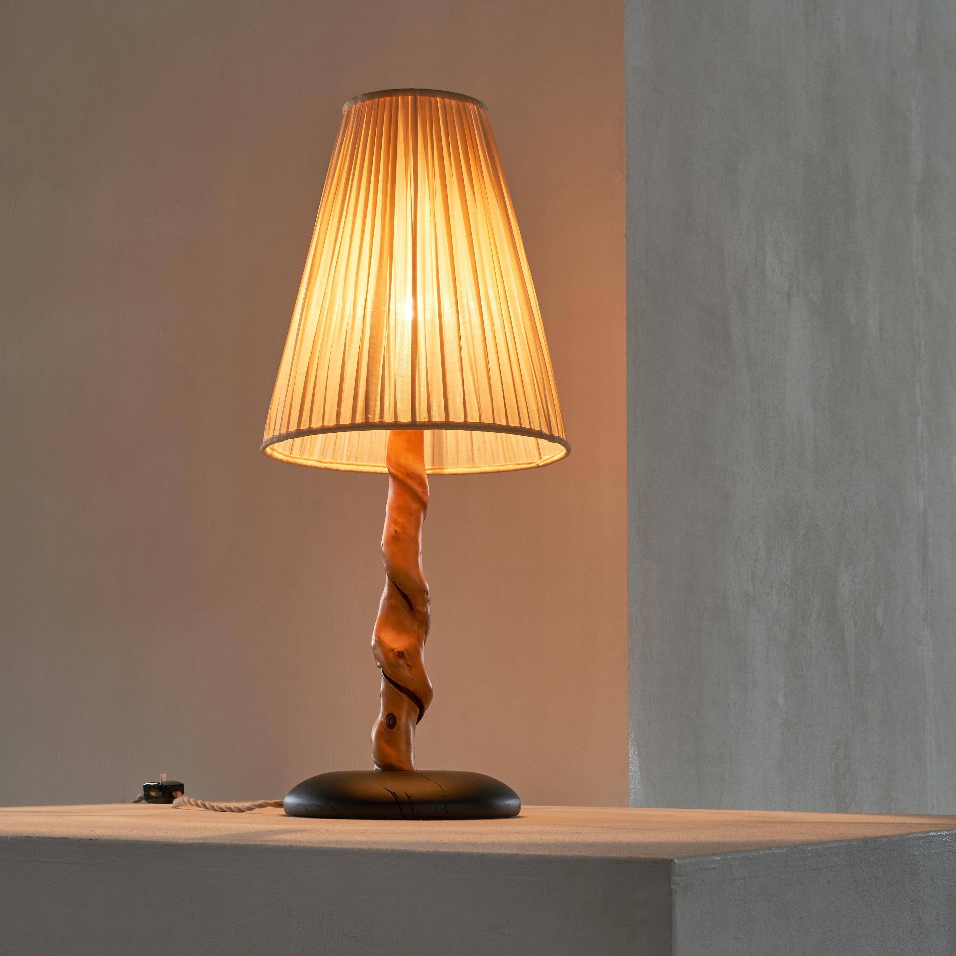 Tree Trunk table lamp in acacia, oak, and linen, 1950s
