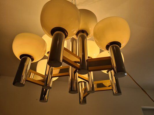 Vintage chandelier in brass and chrome by Gaetano Sciolari for Sciolari, Italy