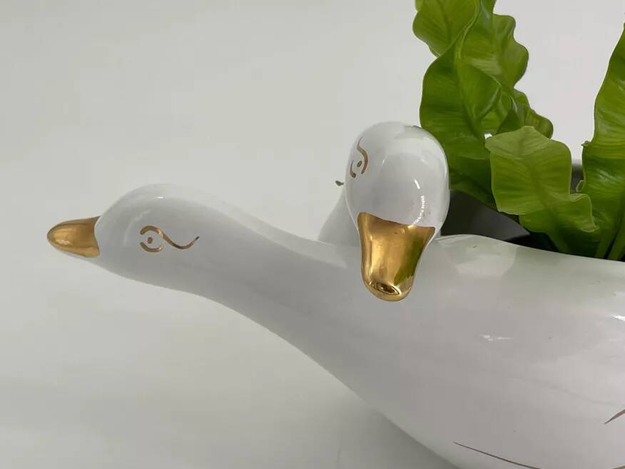 Vintage white and gold porcelain two swan planter