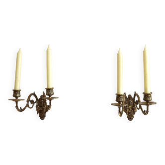 Pair French Antique 1890s Gilt Bronze Double Piano Sconces Signed L Pinet 4435