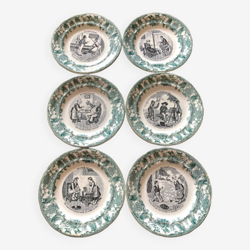 6 old dessert plates - Gien - emerald green