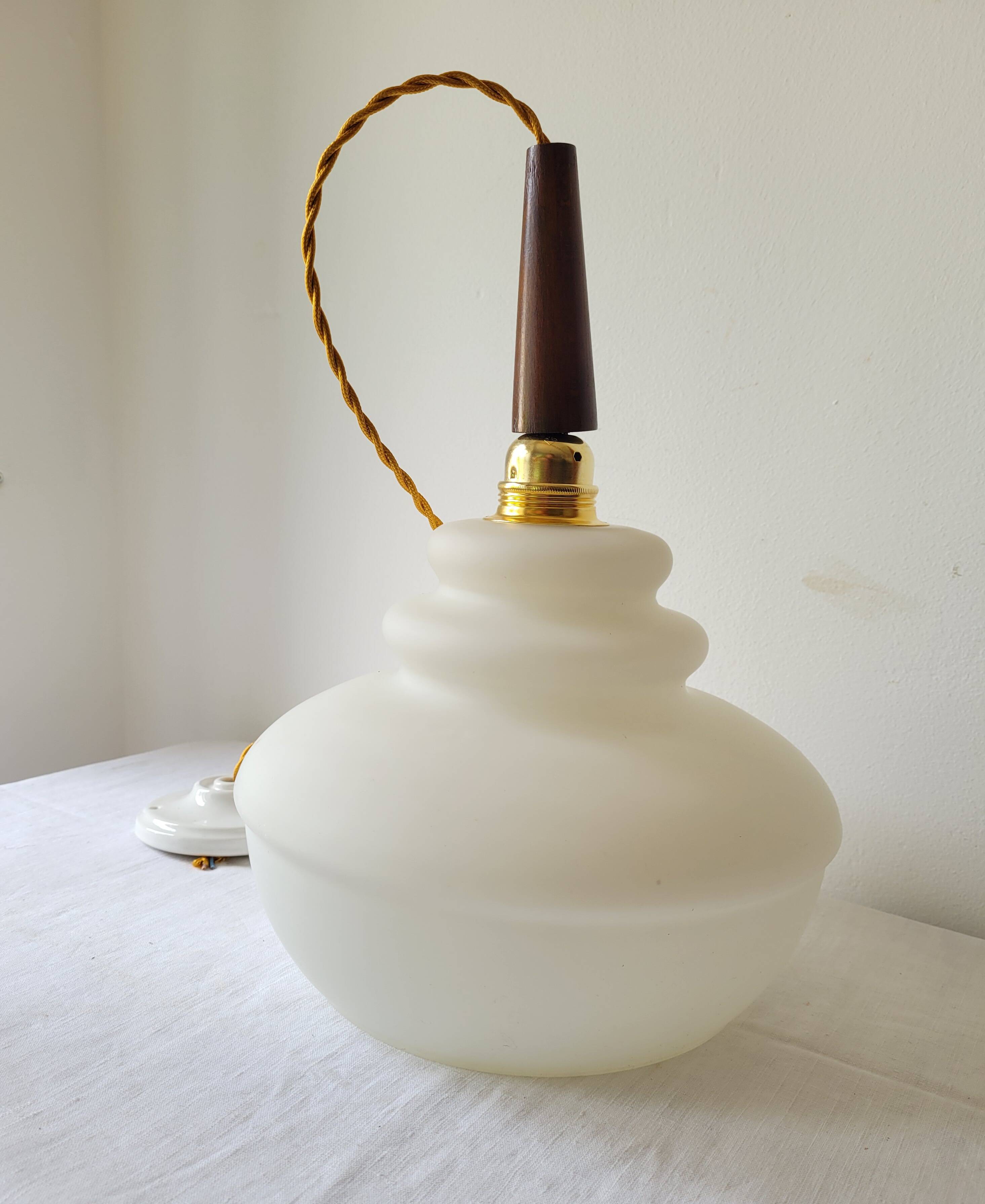 Opaline and teak pendant light