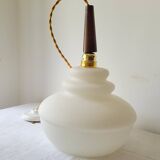 Opaline and teak pendant light