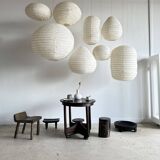 Large pendant light in Japanese-style natural rattan and linen in the shape of a drop H55 D60