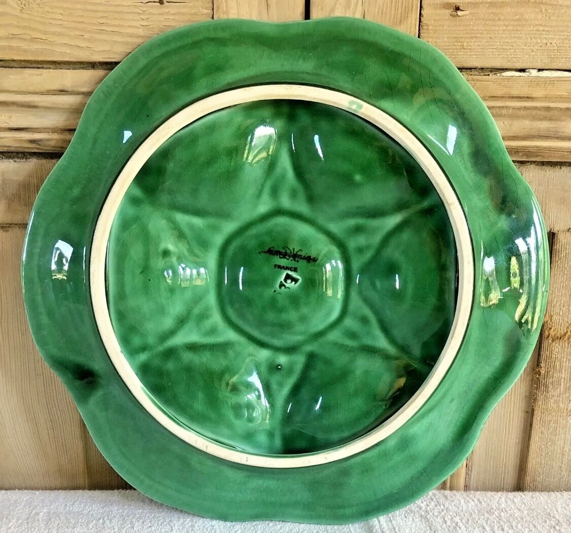 7 old oyster plates Sarreguemines green slurry