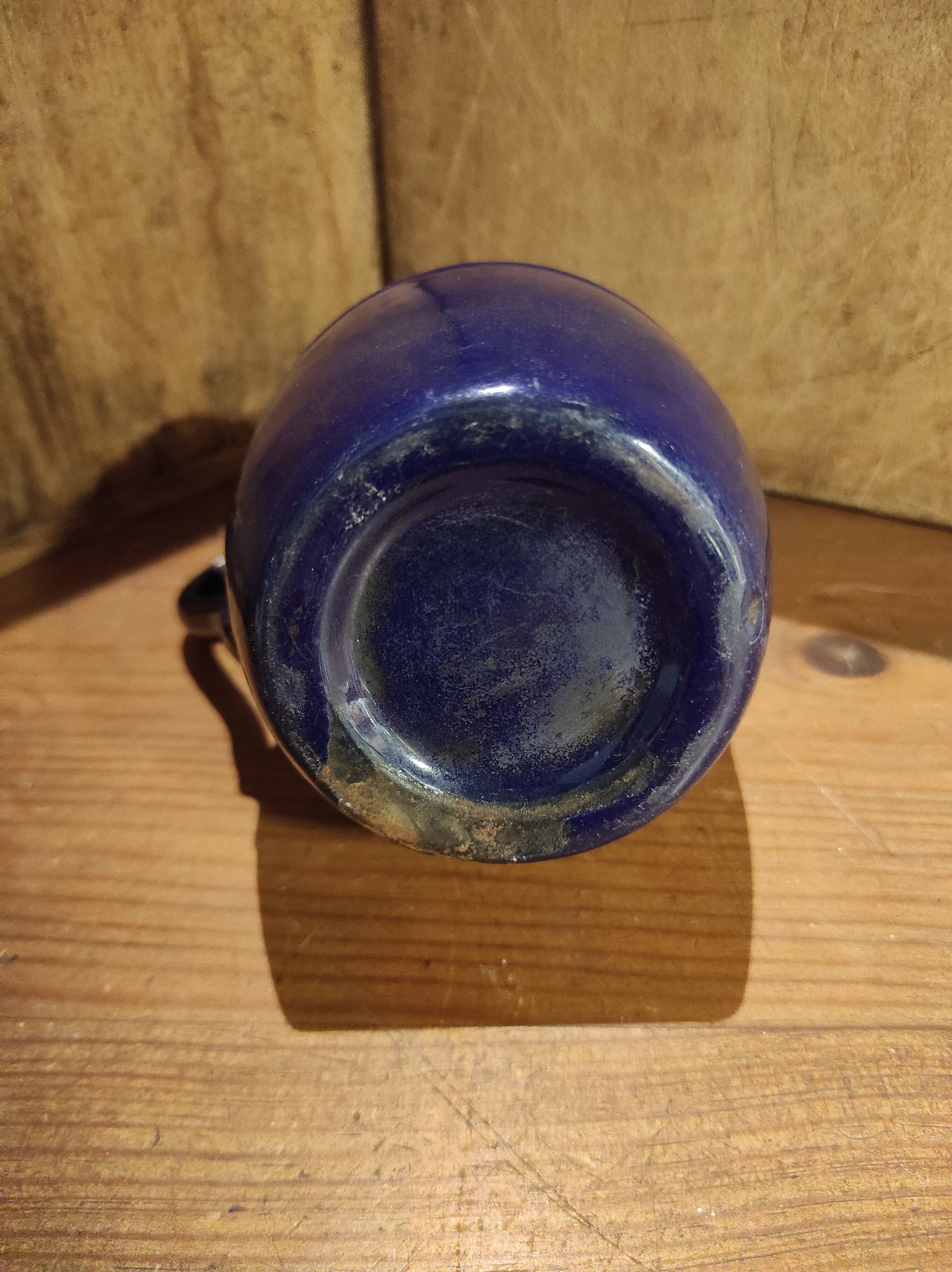 Small vintage French jug with lid, in blue enamel