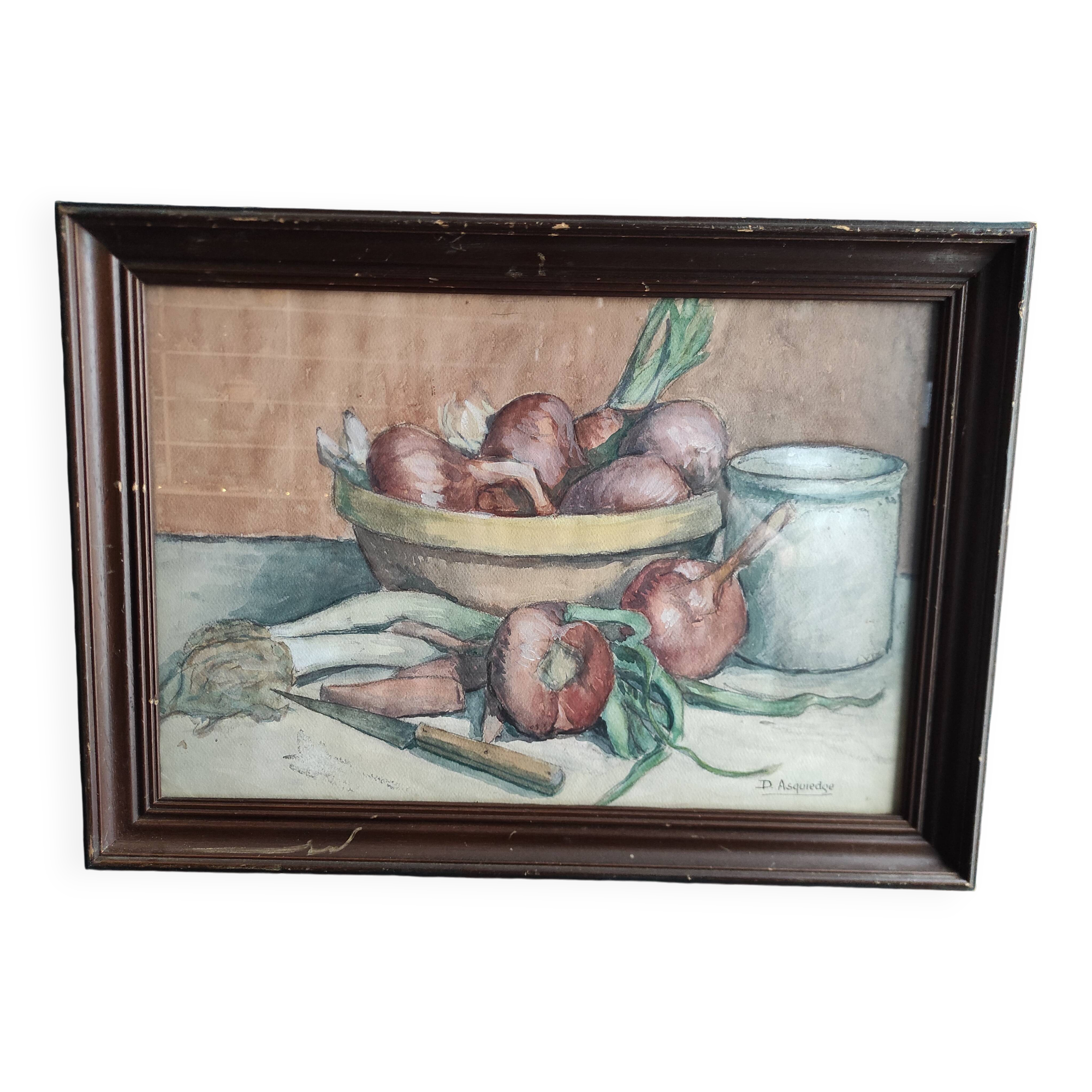 Vintage French still life in watercolour, signed Asquiedge