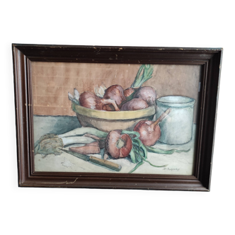Vintage French still life in watercolour, signed Asquiedge