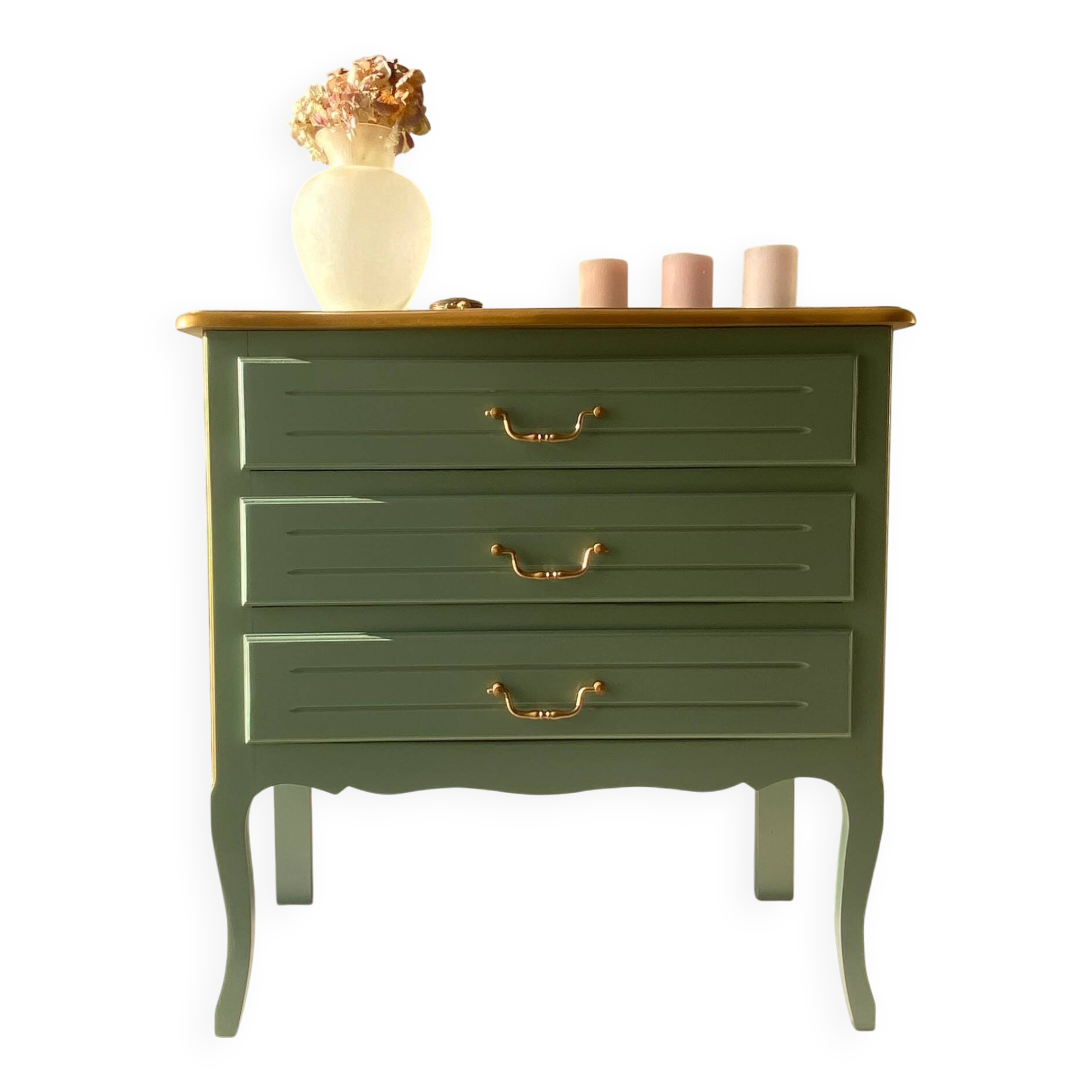 Refurbished vintage chest of drawers - Deep green with gold details