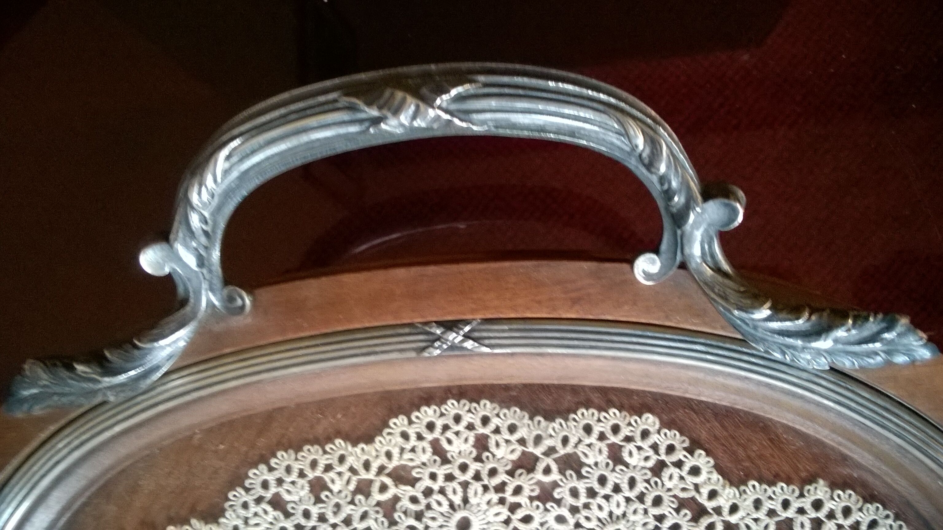 Wooden service tray .glass .brussels lace and solid silver delheid