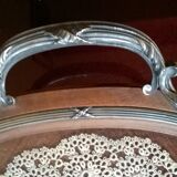 Wooden service tray .glass .brussels lace and solid silver delheid