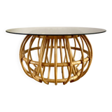 designer round coffee table in rattan and smoked glass 70s