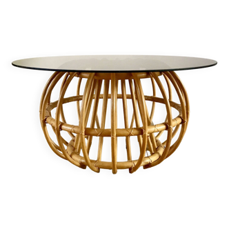 designer round coffee table in rattan and smoked glass 70s