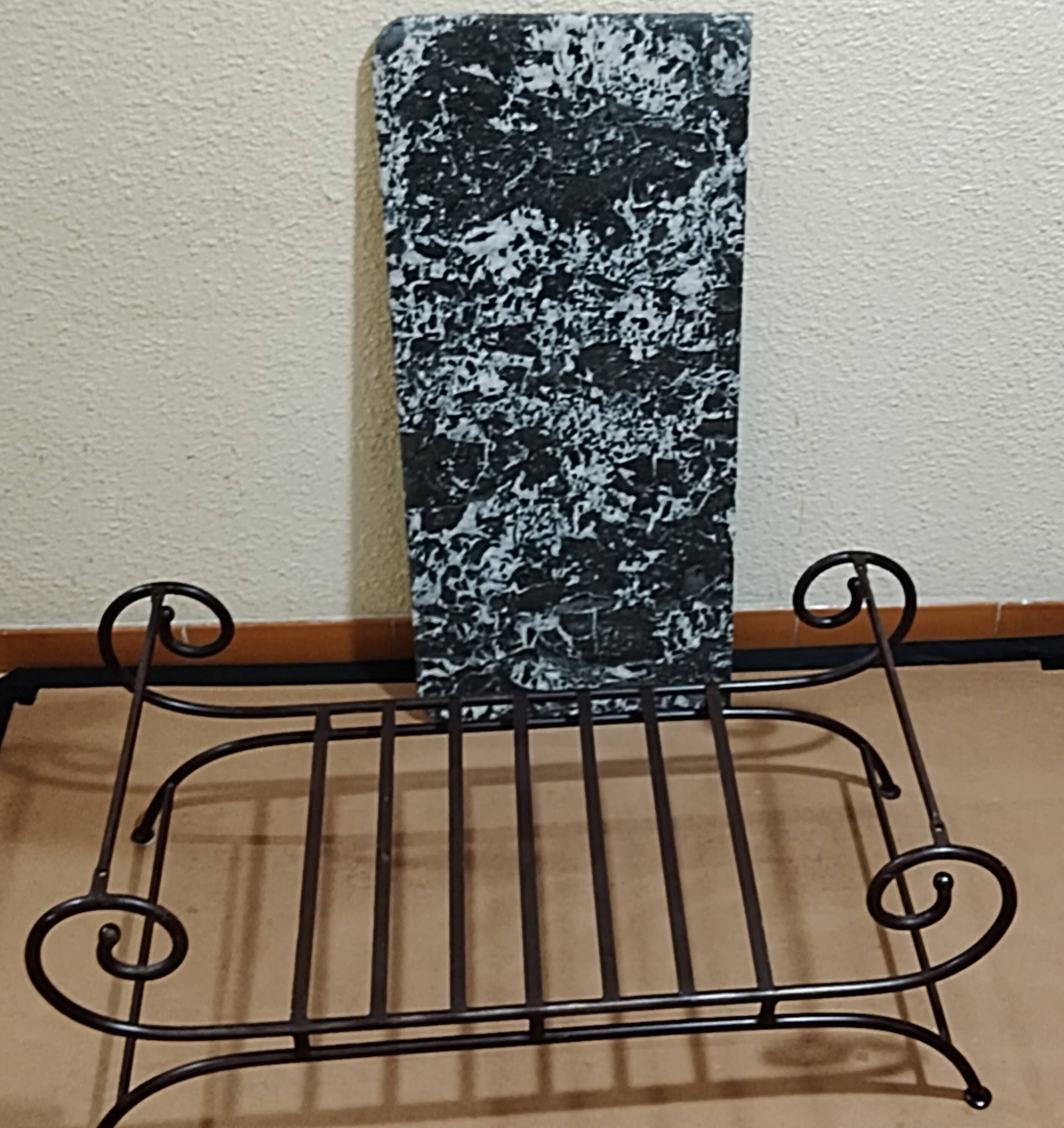 Polished Black and White Emperador marble coffee table, wrought iron base in Morocco