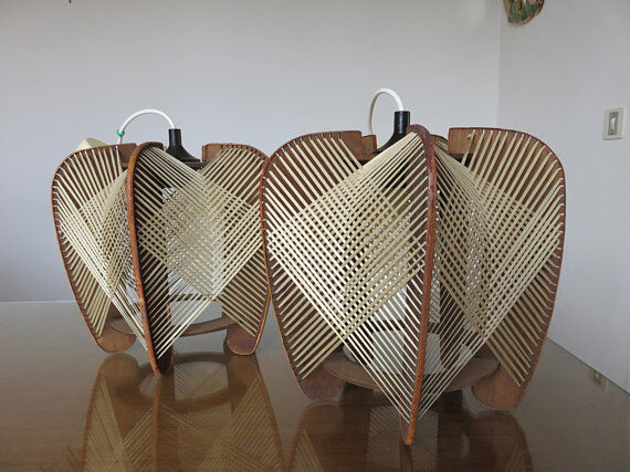Pair of Scandinavian wire and wood 60s 70s suspensions