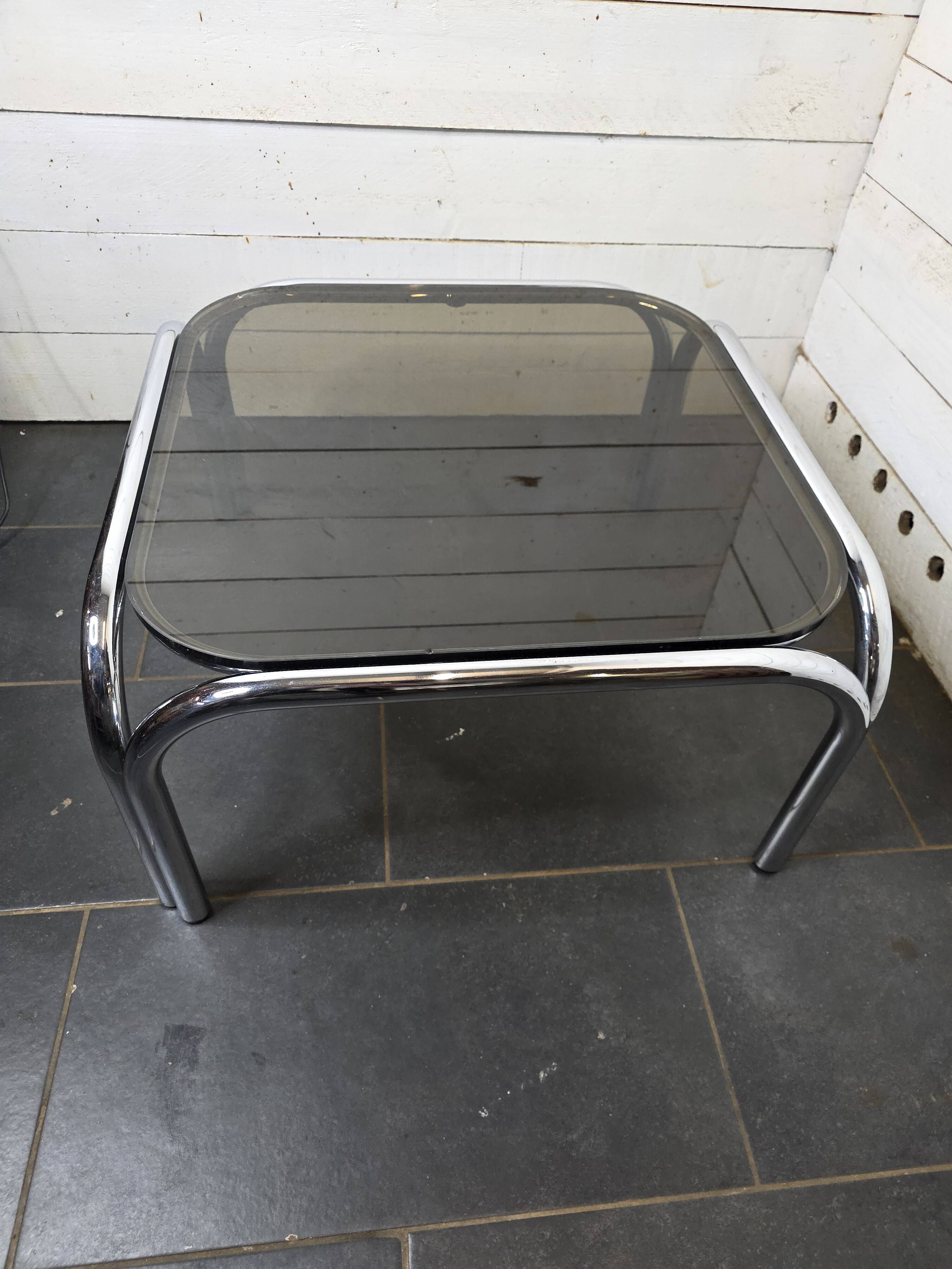 Chrome metal coffee table with smoked glass top from the 70s