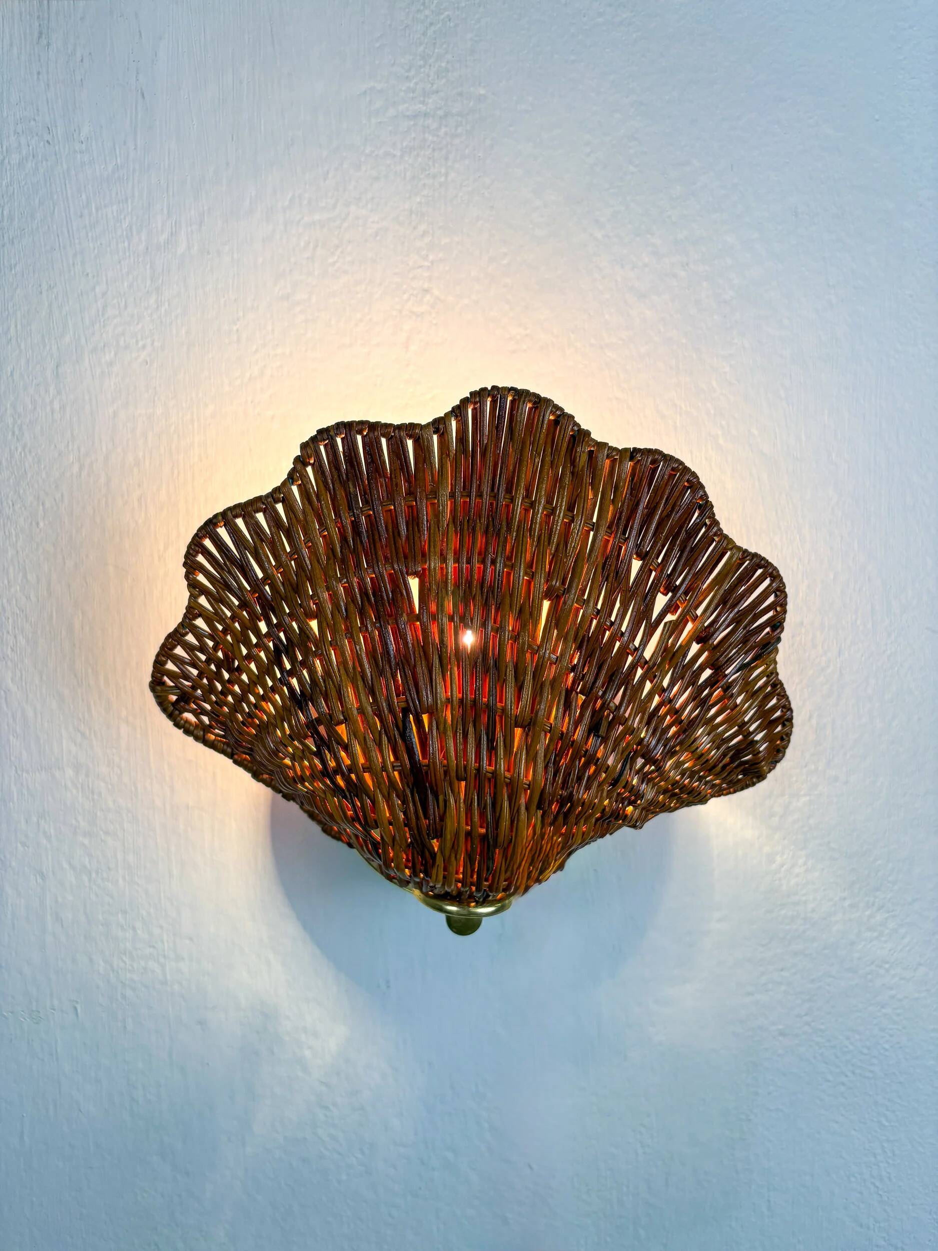 Pair of scalloped rattan wall sconces, 1980s, sourced in Spain