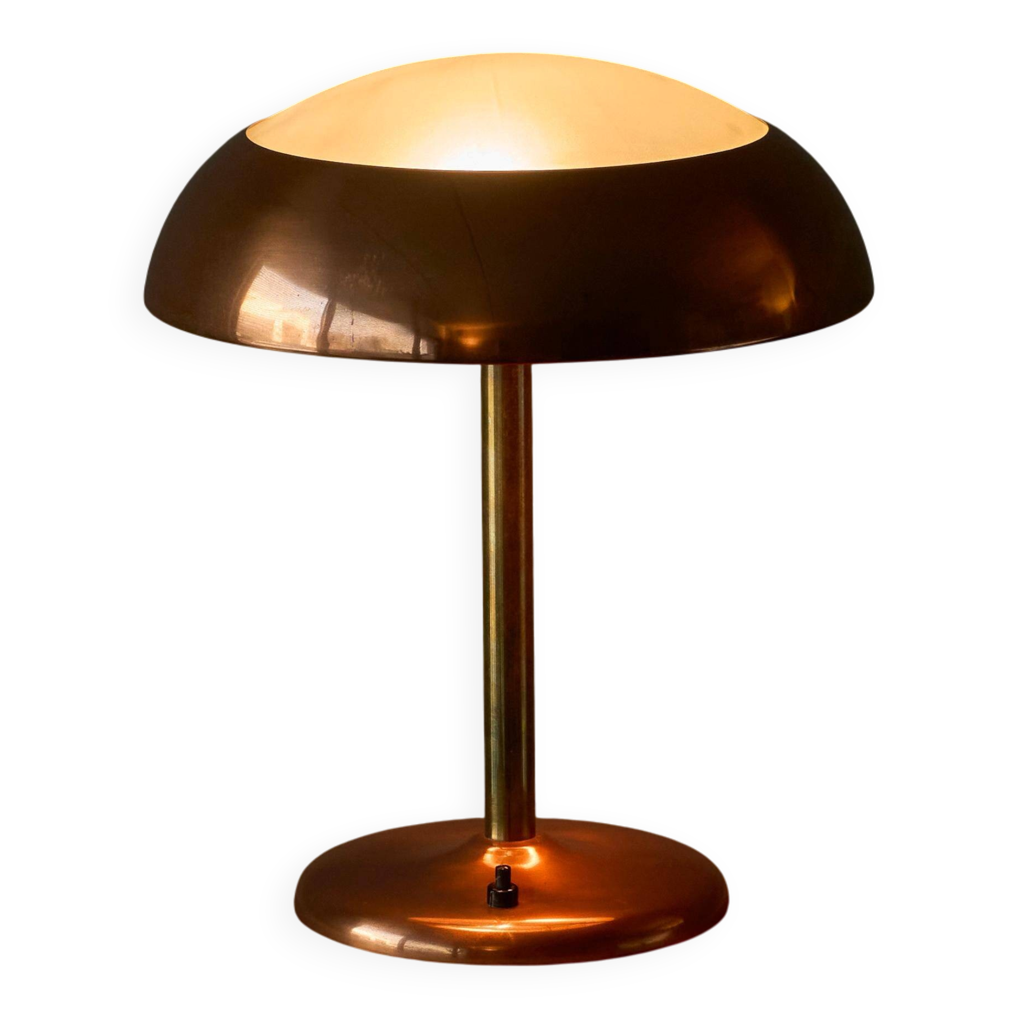 Art Deco table lamp in patinated copper, brass, and satin glass from the 1950s.