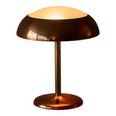 Art Deco table lamp in patinated copper, brass, and satin glass from the 1950s.