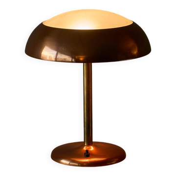Art Deco table lamp in patinated copper, brass, and satin glass from the 1950s.