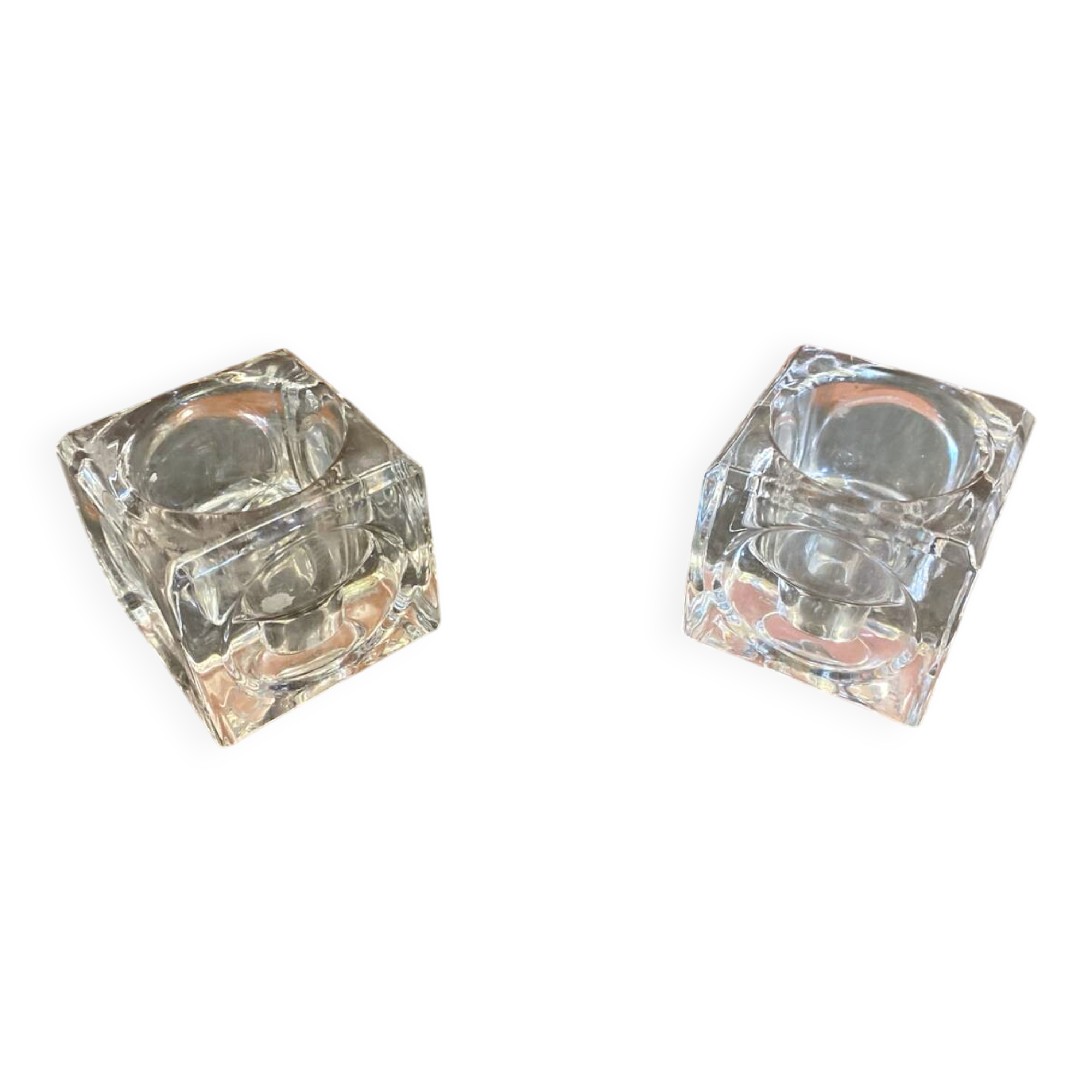 Pair of Modernist Cube Design Candle Holders Moulded Glass 1970s Vintage