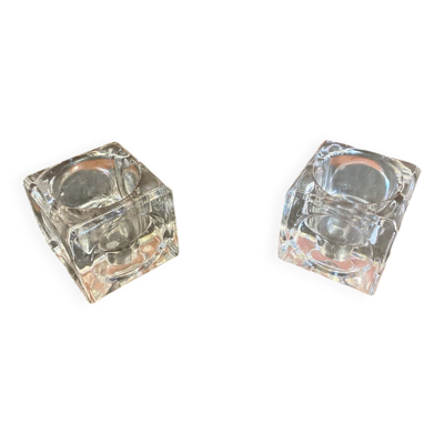 Paire de Bougeoirs Moderniste Design Cube Verre Moulé Années 70 Vintag