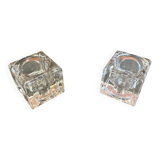 Pair of Modernist Cube Design Candle Holders Moulded Glass 1970s Vintage