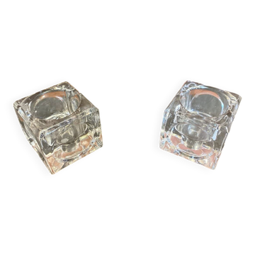Paire de Bougeoirs Moderniste Design Cube Verre Moulé Années 70 Vintag