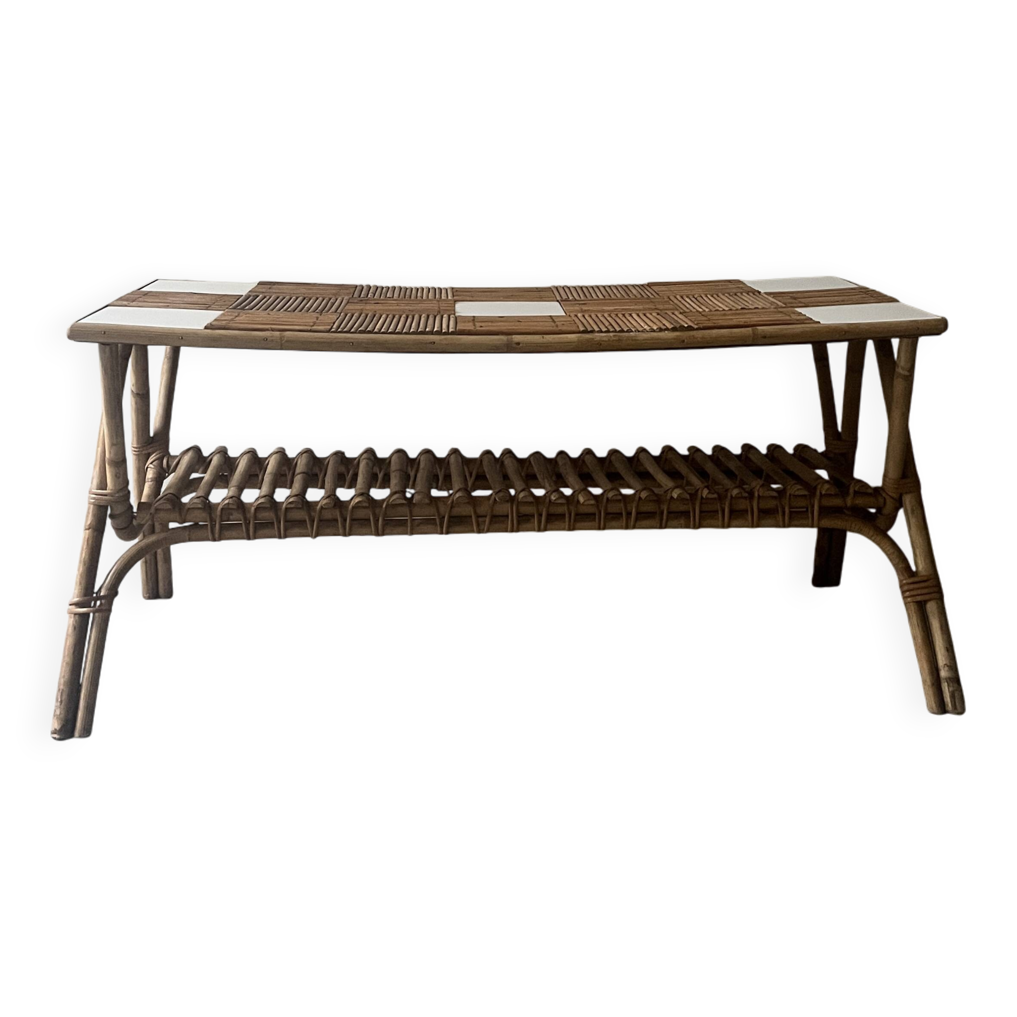 Large Audoux style coffee table in bamboo, rattan & ceramic, France 60