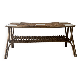 Large Audoux style coffee table in bamboo, rattan & ceramic, France 60