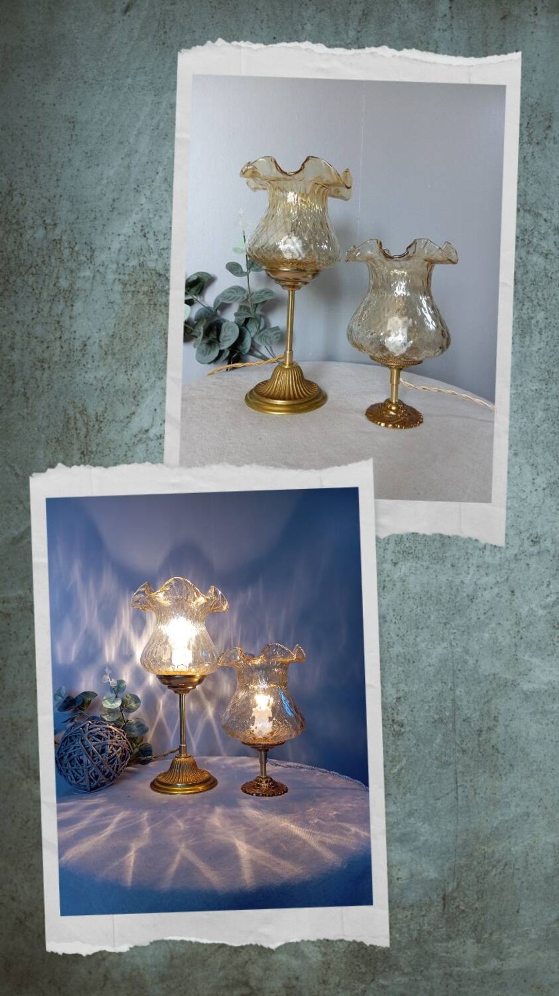 Duo desk lamps, vintage inspiration, bronze and ocher tulip glass