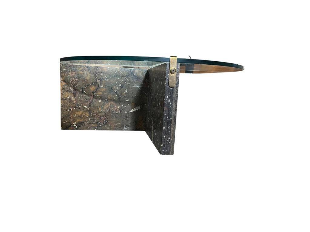 Vintage teardrop-shaped glass coffee table with stone base
