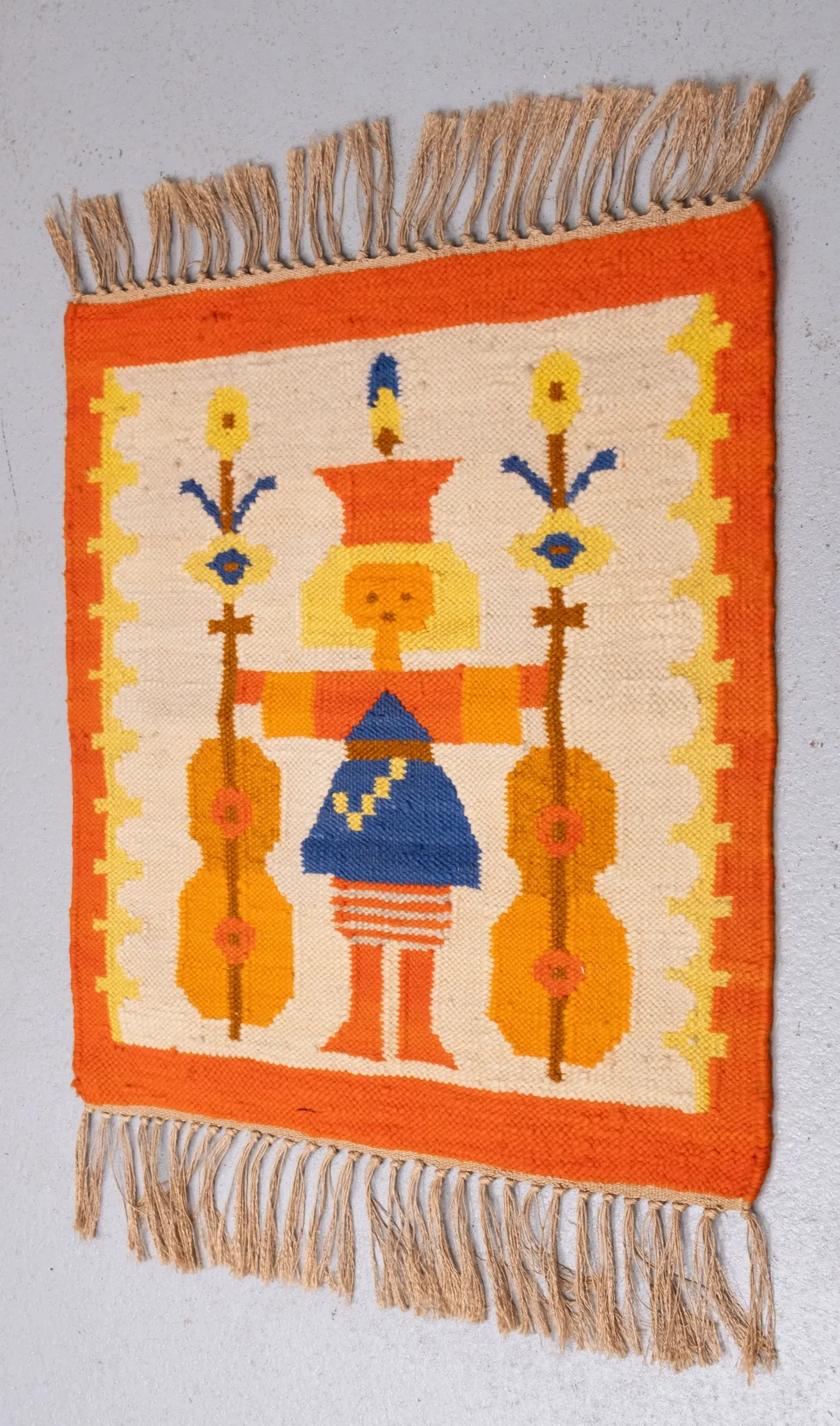 Polish Hand Knotted Square Wall Tapestry ''Musician'' 1960s Poland