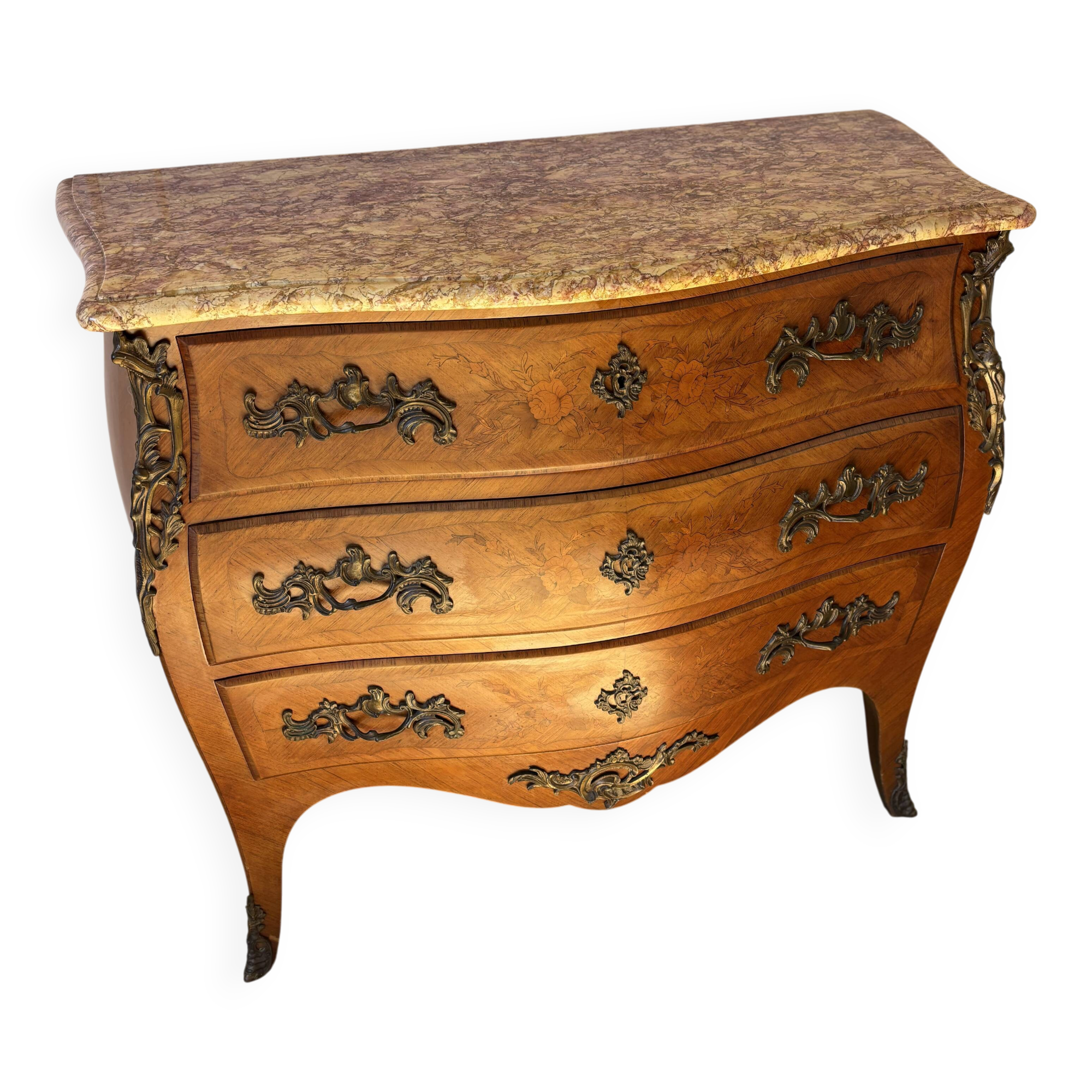Curved Louis XV style commode with marquetry + marble top