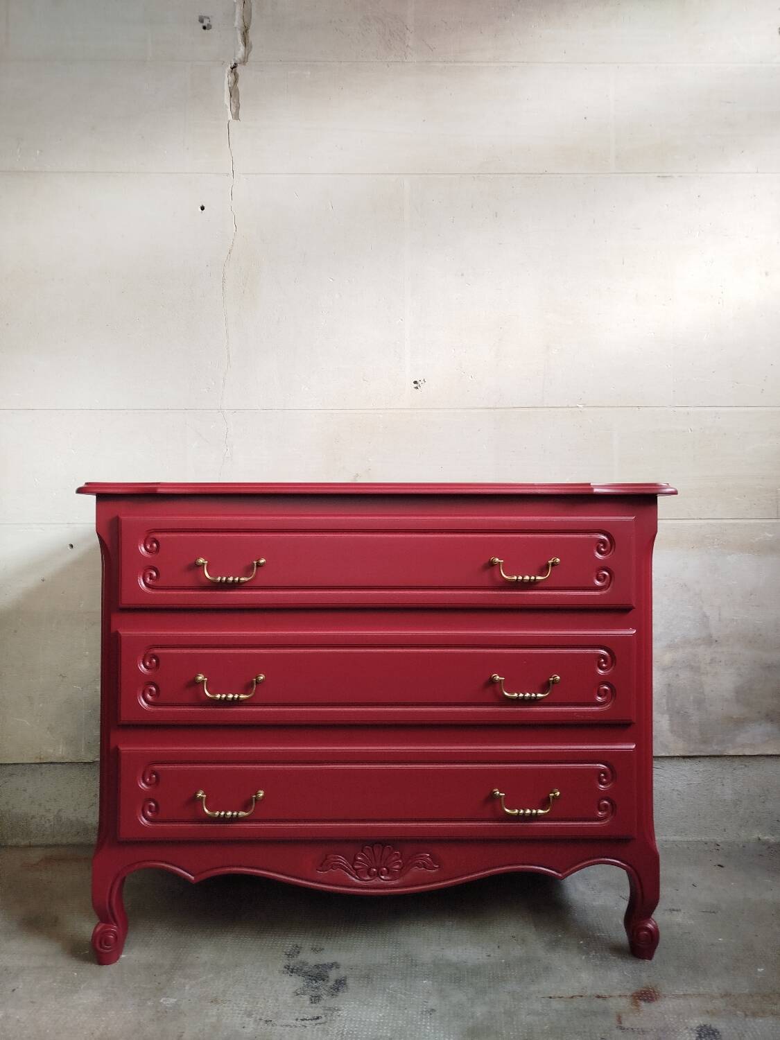 Vintage chest of drawers restyled in Bordeaux red