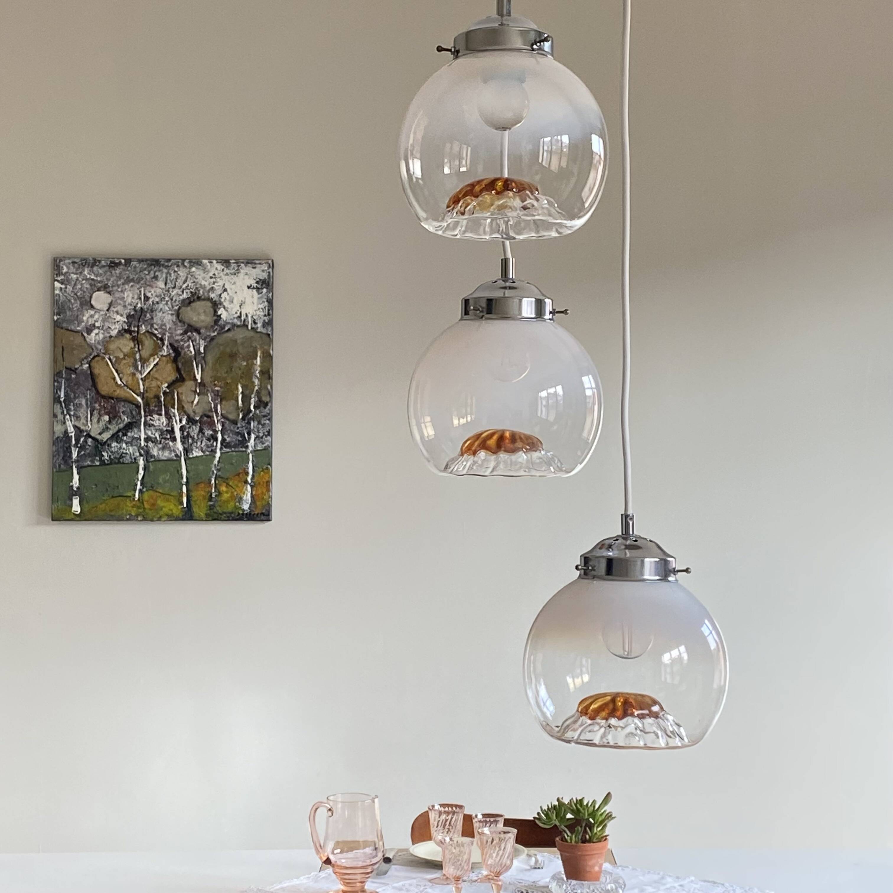 Lustre suspension cascade 3 glass globes Murano Mazzega