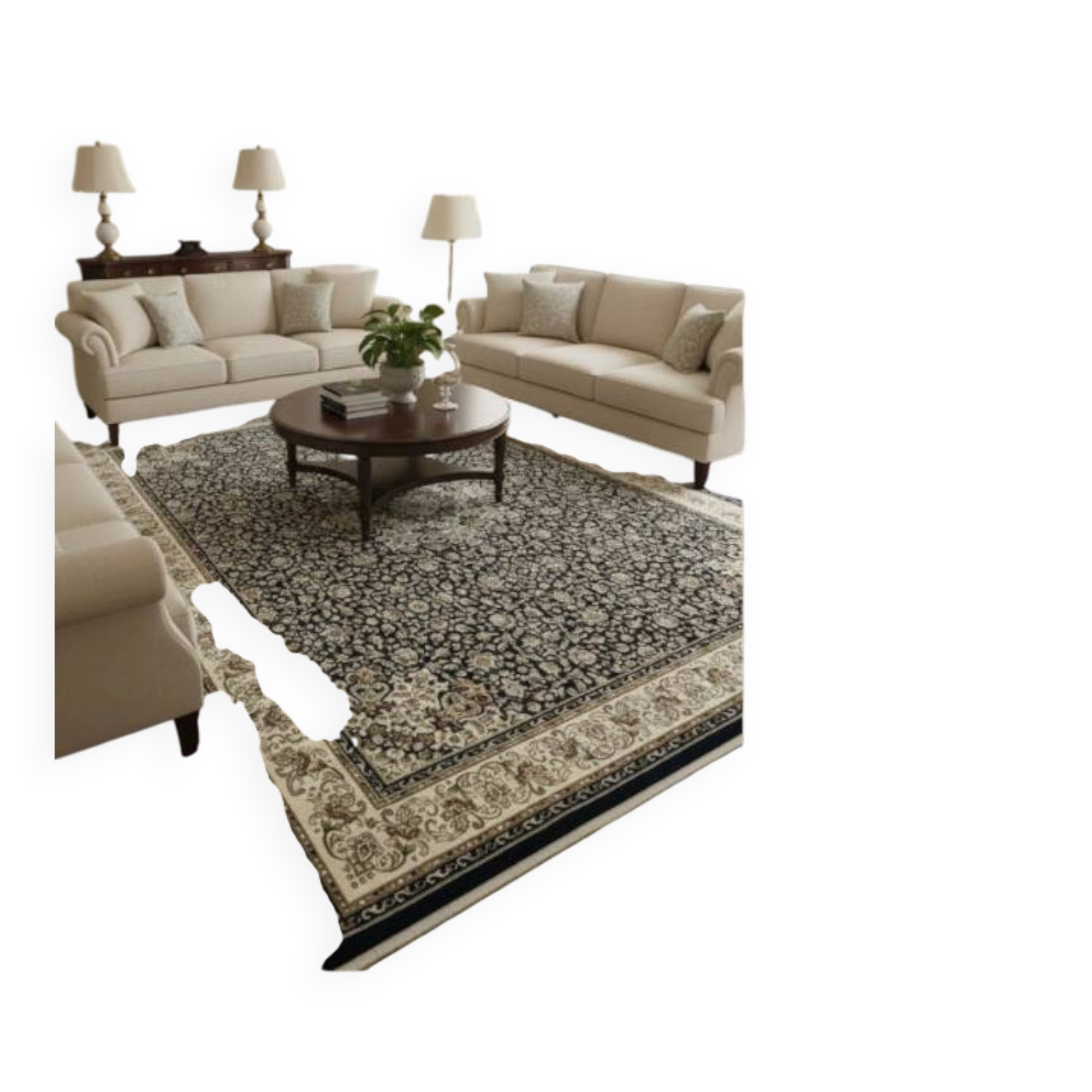 Tapis de Salon Classique Bleu Marine Orné de Fleurs