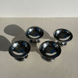 Set of 4 metal glasses / vintage stainless steel ice cream cups on a stand.