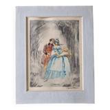 Georges Villa (1883-1965) - Colour lithograph - Gallant scene 1930