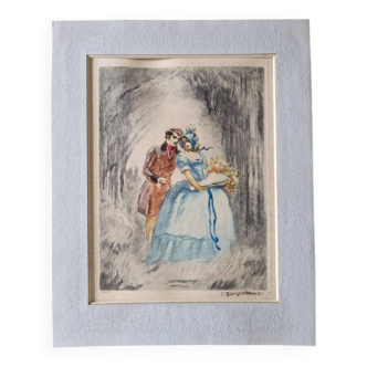 Georges Villa (1883-1965) - Colour lithograph - Gallant scene 1930