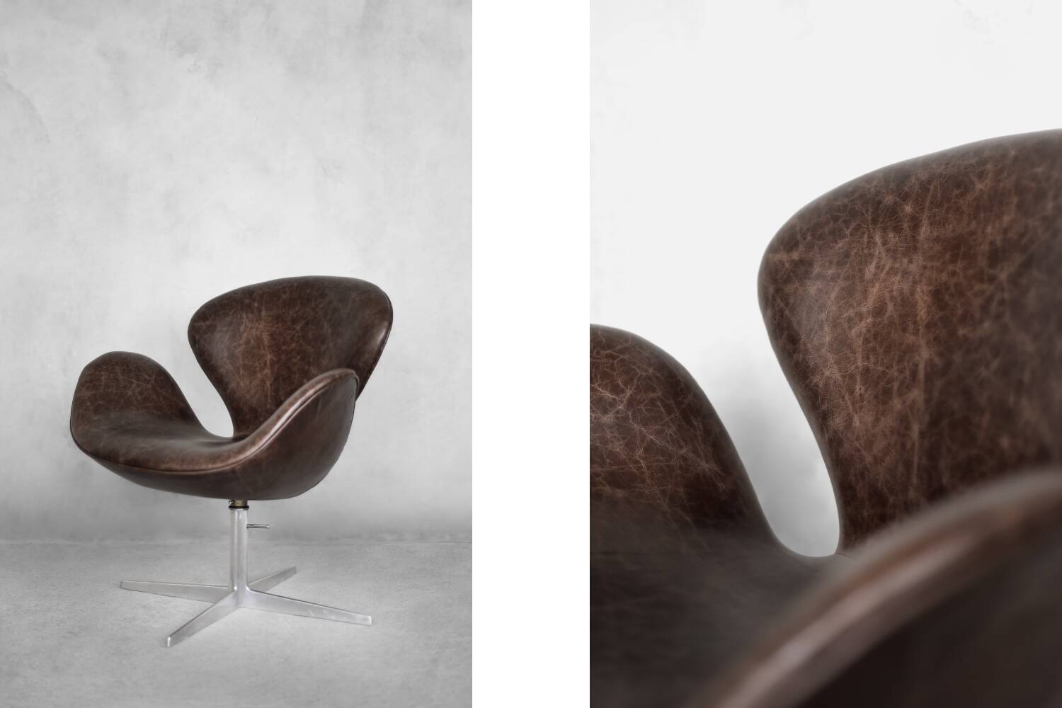 Brown leather Swan chair by Arne Jacobsen, mid-century Danish modernity.