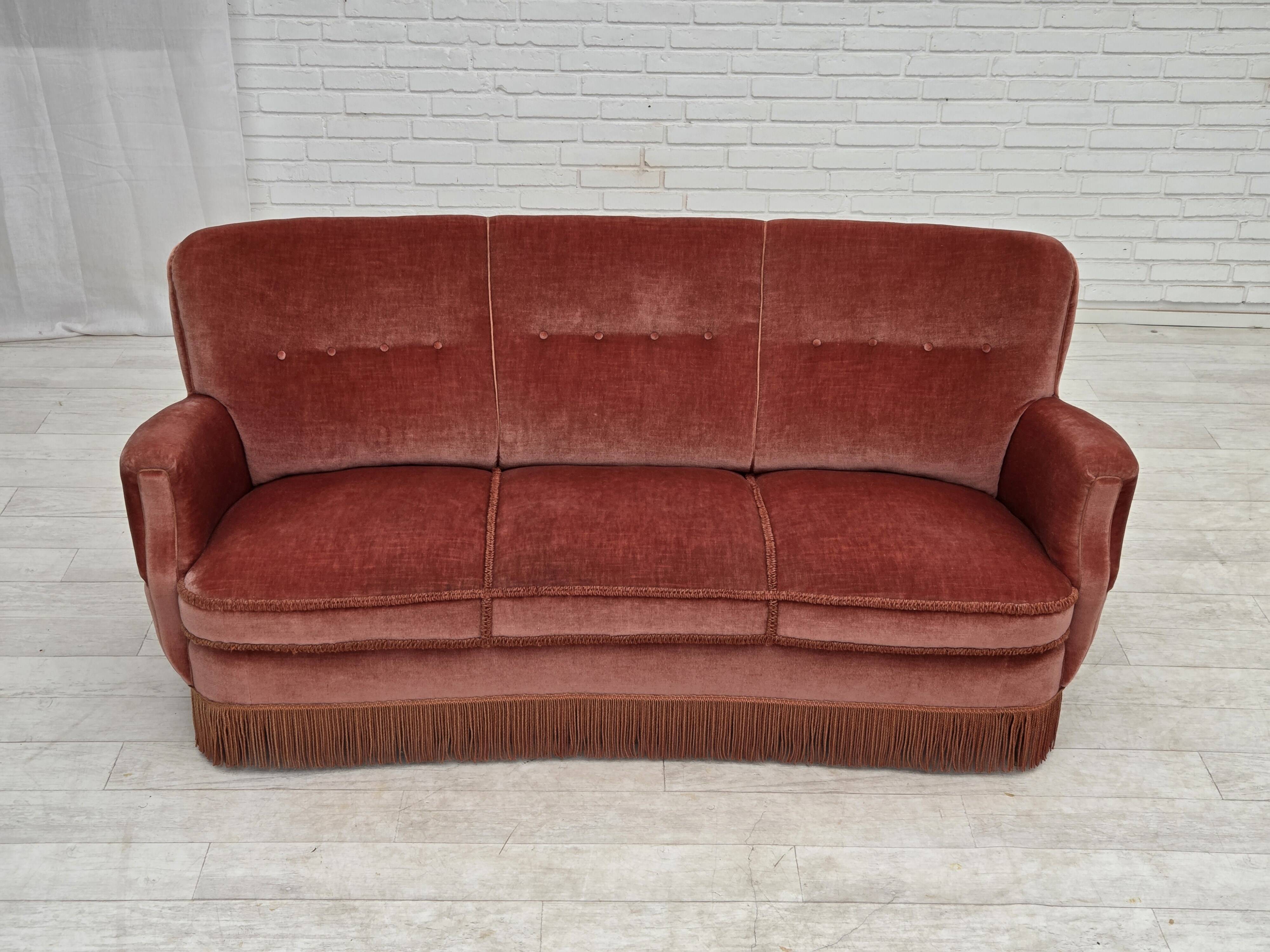 1970s, 3-seater Danish curved sofa, pink furniture velour.