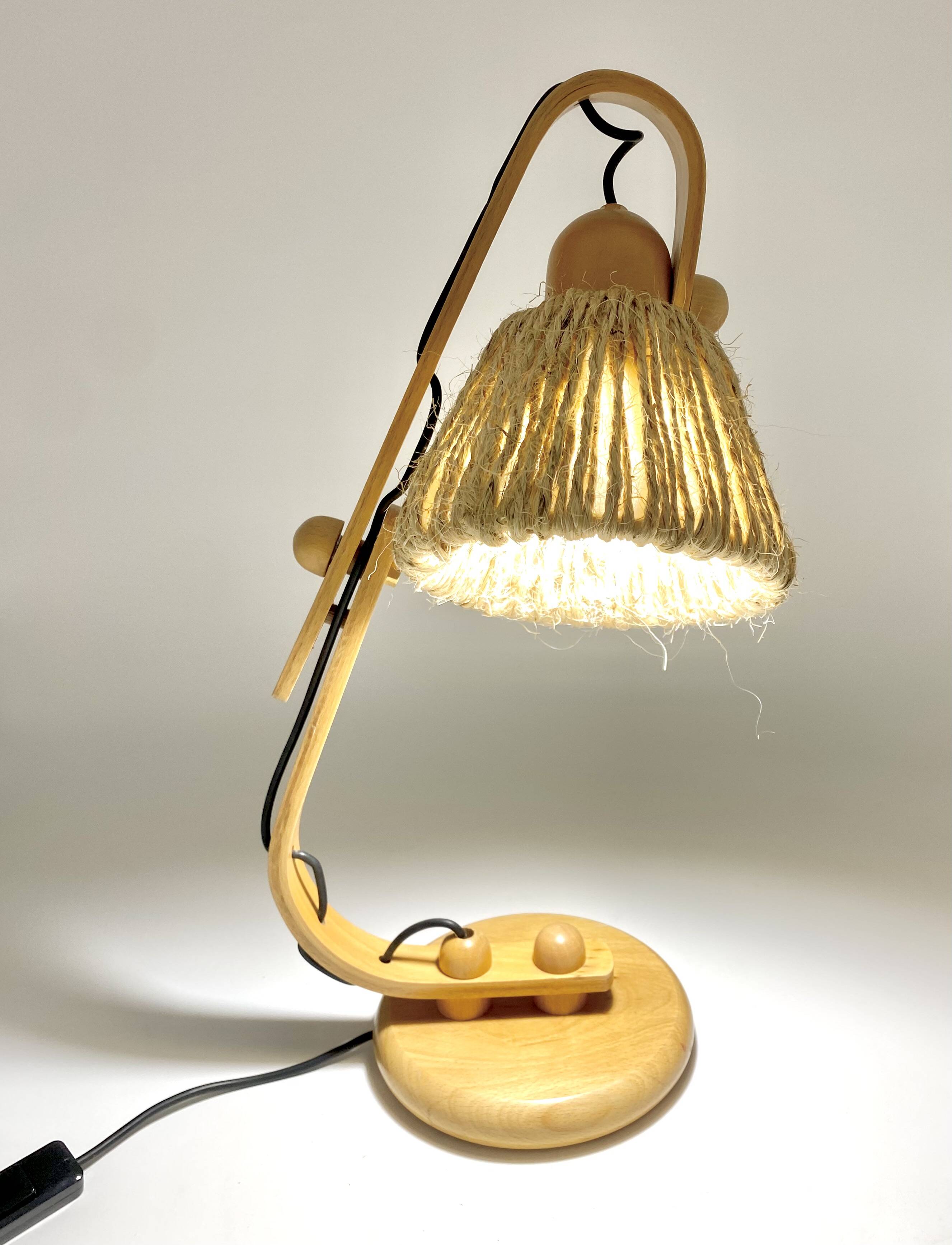 Lampe articulée en bois et corde, années 70