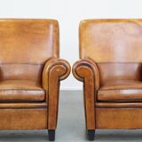 Set of 2  vintage cognac-colored sheep leather armchairs