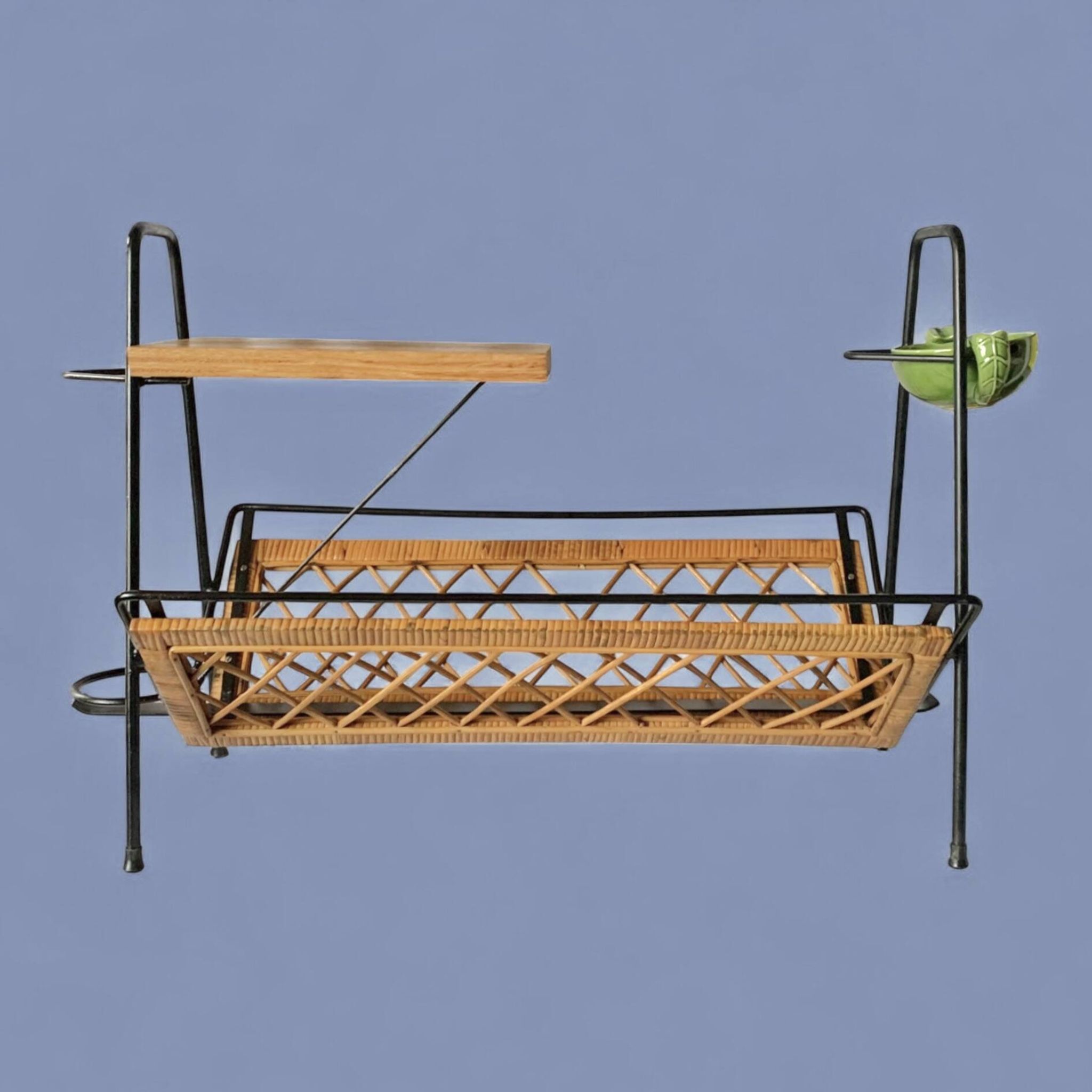 Vintage magazine rack in black metal, wood and rattan with ceramic ashtray