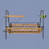 Vintage magazine rack in black metal, wood and rattan with ceramic ashtray