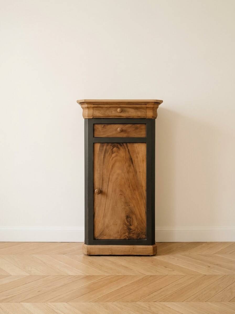 Antique bedside table in walnut and painted wood.