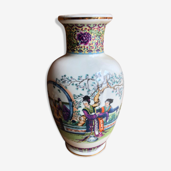 Ancien vase chinois céramique blanche décor scène personnages vintage